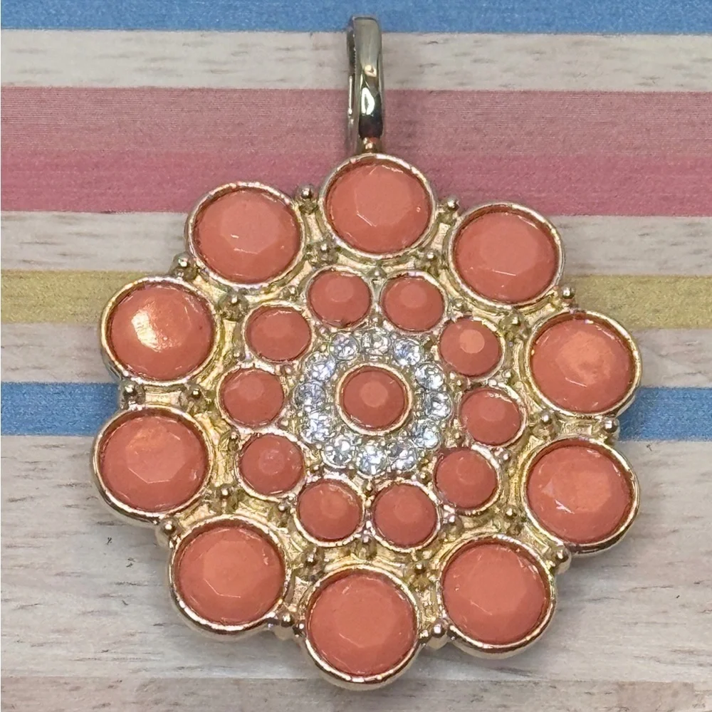 Premier Designs Coral Gold Pendant Brooch Convertible Floral Rhinestone